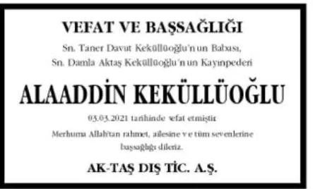 Vefat ve Başsağlığı ilanı: Alaaddin Keküllüoğlu