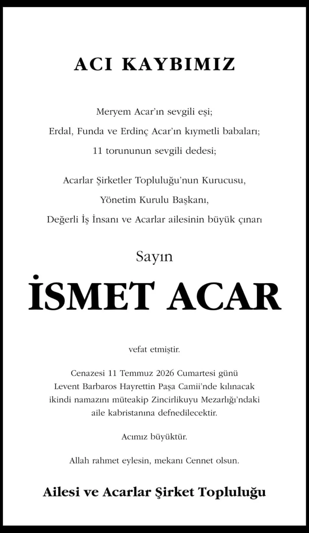 Acı Kaybımız ilanı: İsmet Acar