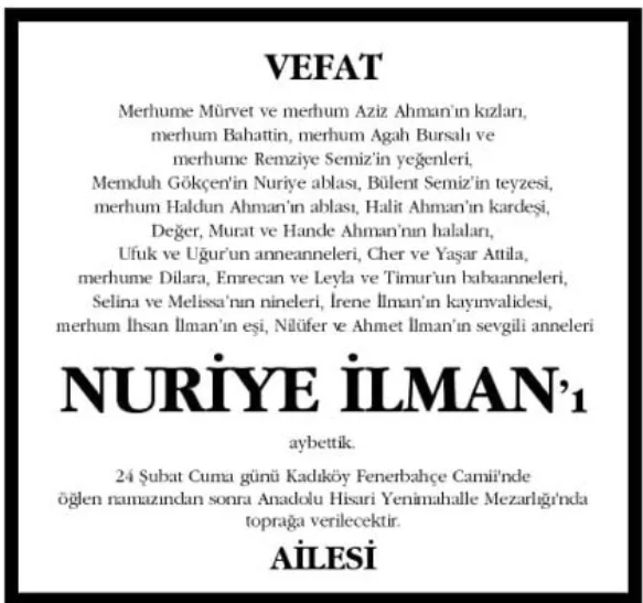 Vefat ilanı: Nuriye İlman