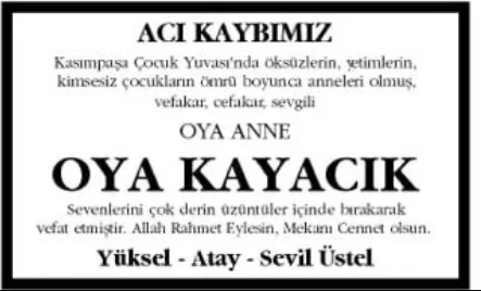 Acı Kaybımız ilanı: Oya Kayacık