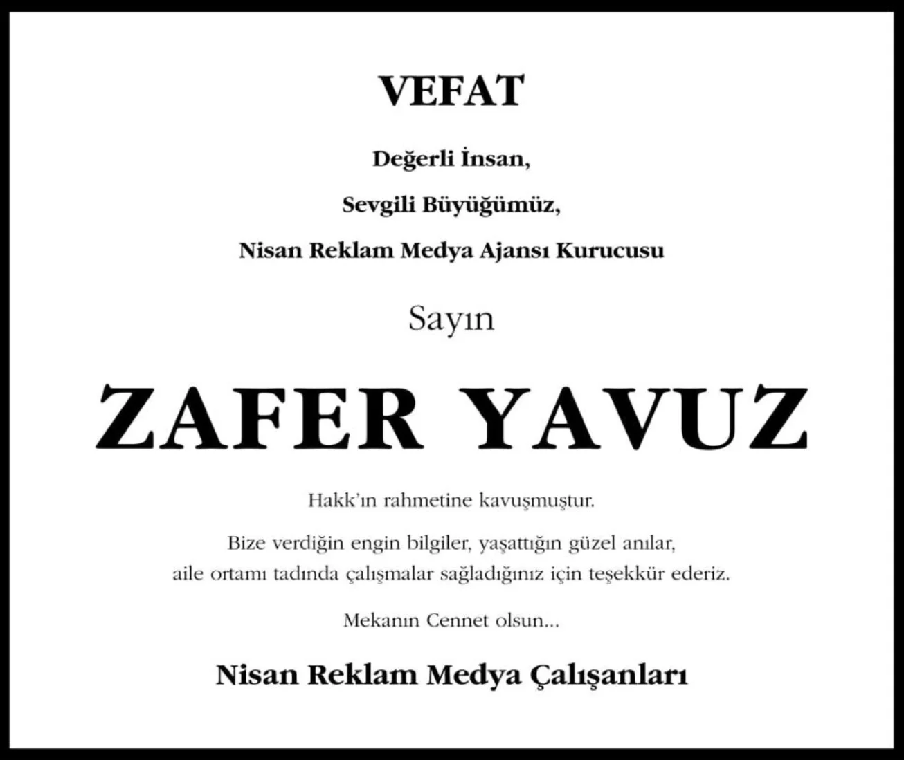 Vefat ilanı: Zafer Yavuz